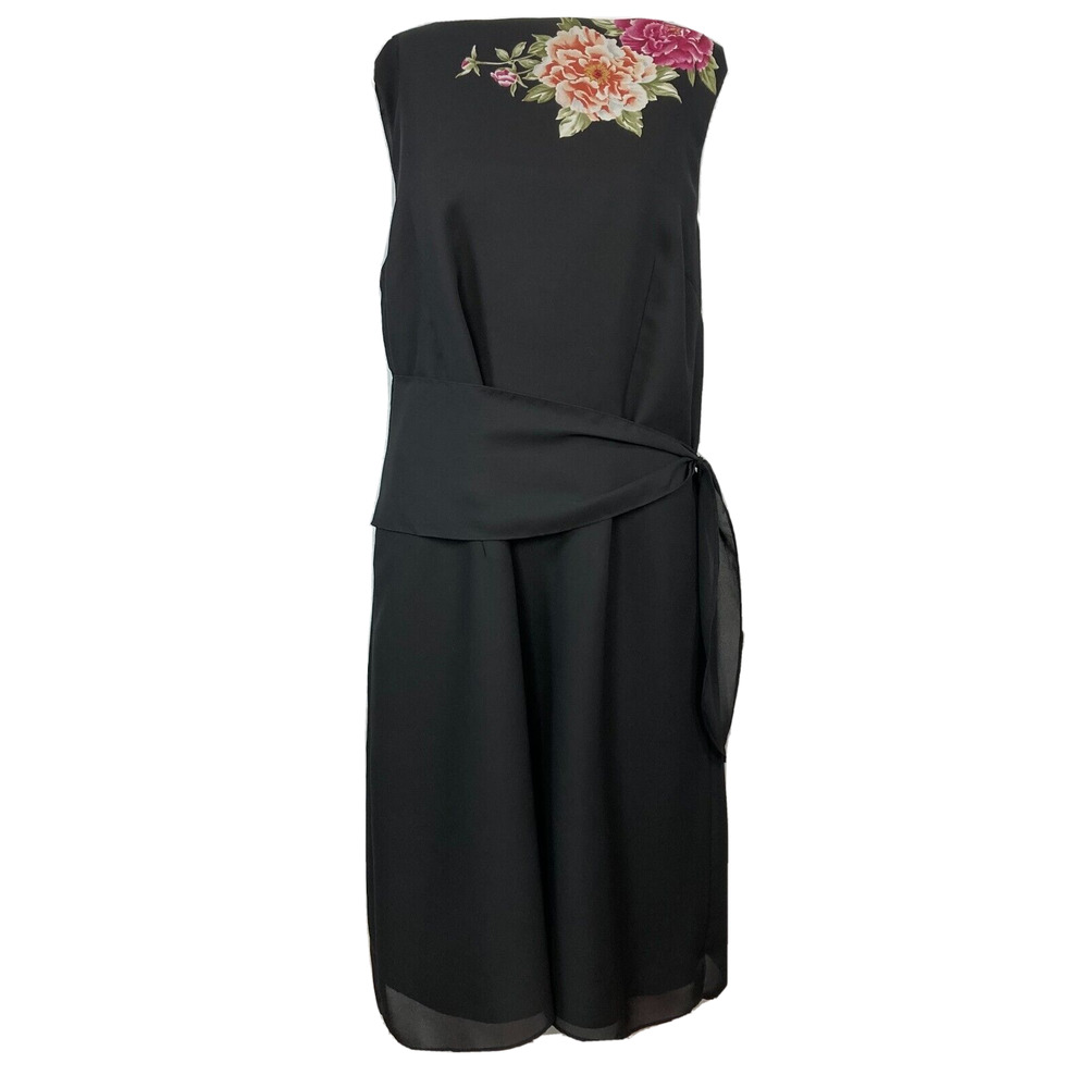 Virgo Dress Womens Sz‎ 18 Black Floral Chiffon Sleeveless Shift Side Tie Sash
